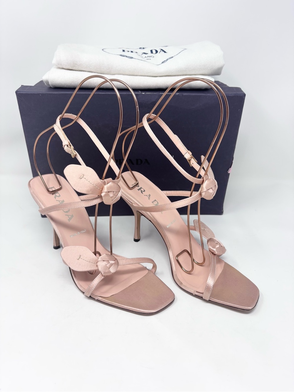 Prada Vintage Pink Satin Rosebud Leaf Embellish Pump Sandal Ankle Strap size 38